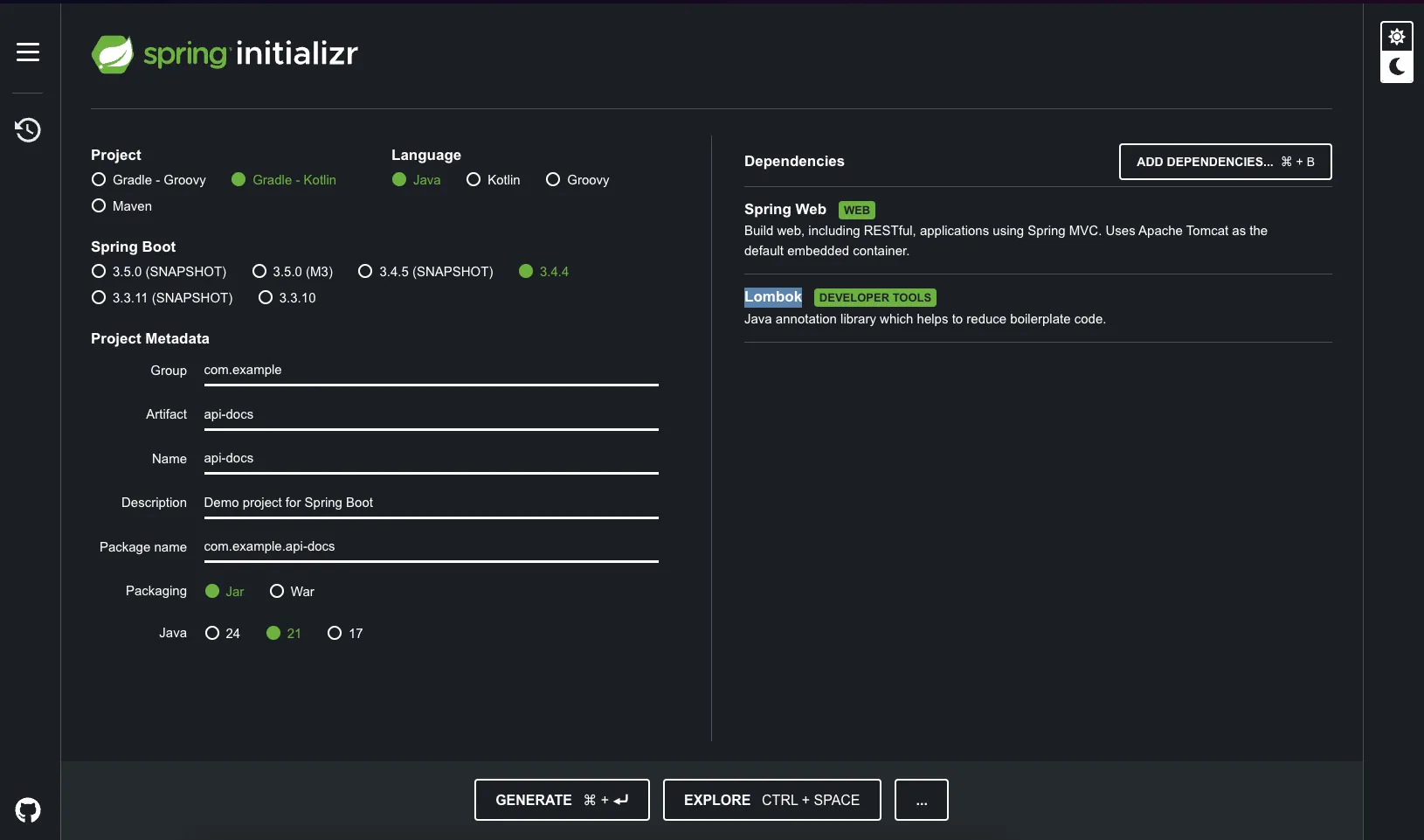 Spring Initializr with Web and Lombok dependencies
