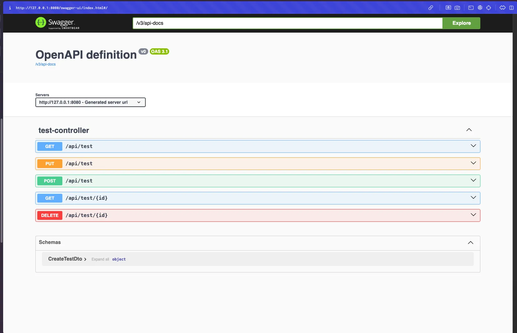 Generated Swagger UI for the API
